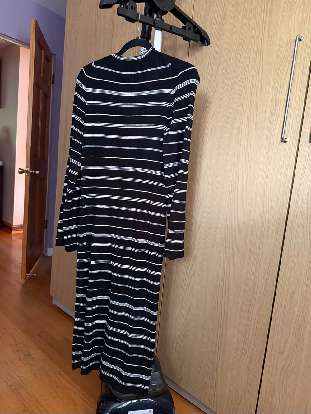 J. Crew Black and White Striped Long Sleeve Midi Dress